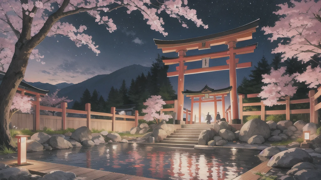 Cute art style, open-air bath, small torii gate, hot spring, evening, cherry blossoms, illustration, background only