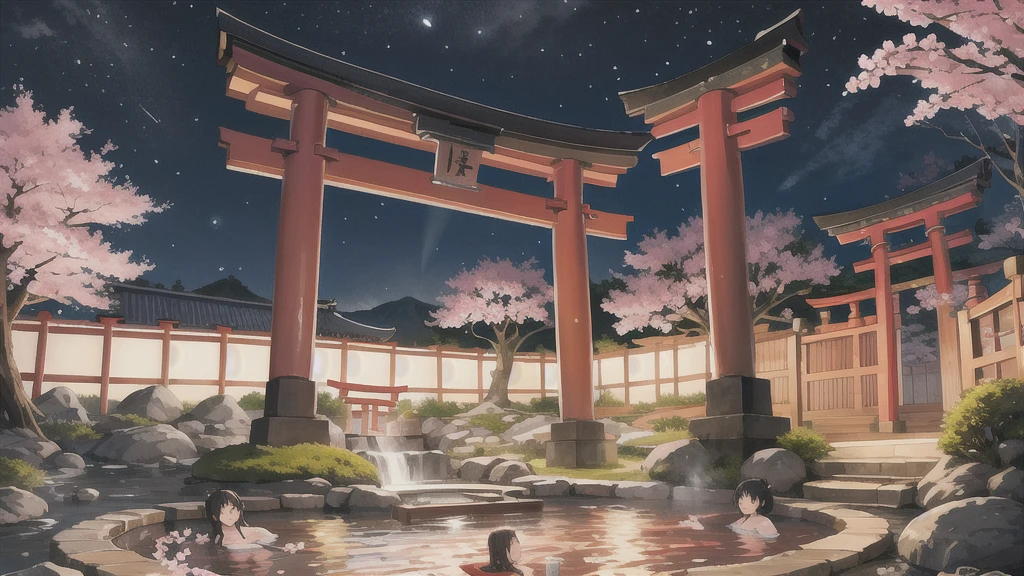 Cute art style, open-air bath, small torii gate, hot spring, evening, cherry blossoms, illustration, background only