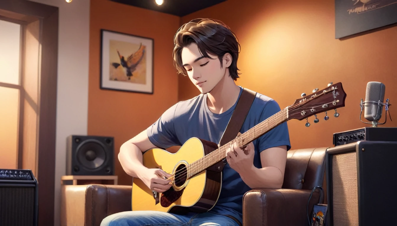 Capture a handsome young man playing an acoustic guitar in a cozy, well-equipped music studio. He is casually dressed in a fitted t-shirt and jeans, sitting comfortably on a stool or chair. The studio has a warm, inviting ambiance with soundproof walls, musical instruments, and recording equipment visible in the background. Behind him, prominently displayed, is a stylish sign or logo that reads 'JM Music,' adding a professional and branded touch to the scene. The focus should be on his relaxed yet passionate expression as he strums the guitar, creating an atmosphere of genuine musical artistry