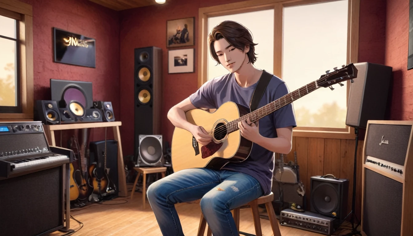 Capture a handsome young man playing an acoustic guitar in a cozy, well-equipped music studio. He is casually dressed in a fitted t-shirt and jeans, sitting comfortably on a stool or chair. The studio has a warm, inviting ambiance with soundproof walls, musical instruments, and recording equipment visible in the background. Behind him, prominently displayed, is a stylish sign or logo that reads 'JM Music,' adding a professional and branded touch to the scene. The focus should be on his relaxed yet passionate expression as he strums the guitar, creating an atmosphere of genuine musical artistry