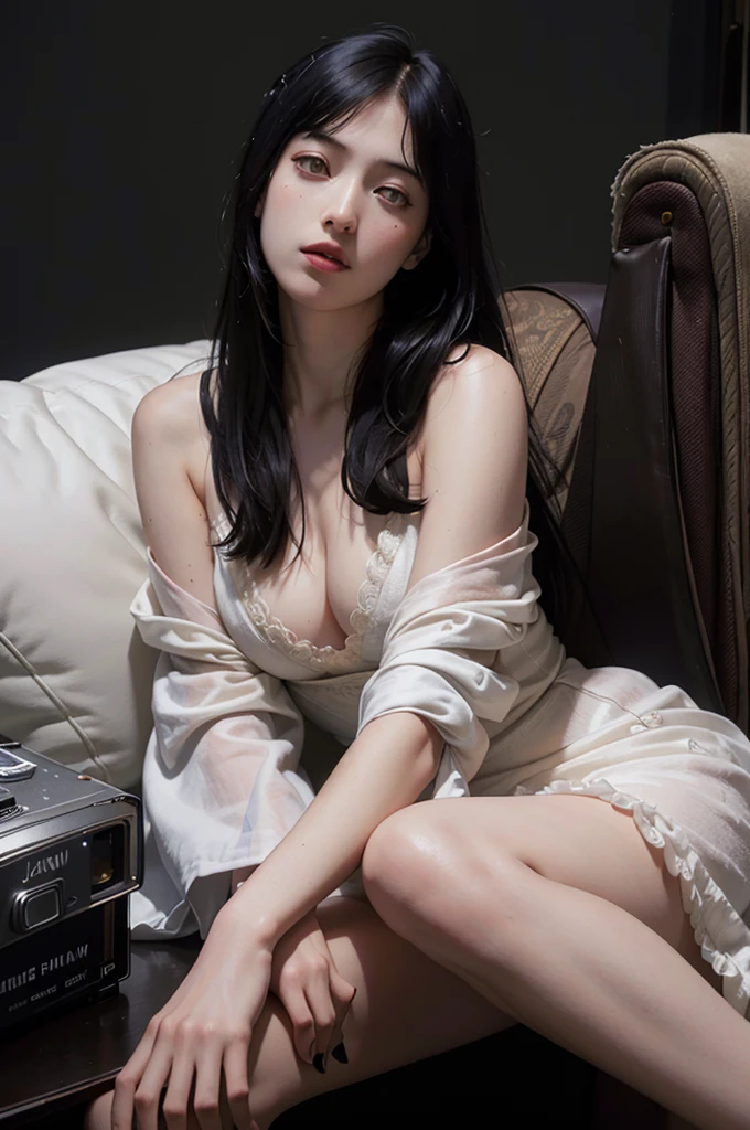 ((You may be one person to the world but you may also be the world to one person, paradox, Adrian Ghenie, jenny saville, edward hopper, dark art by James Jean, Takato Yamamoto)),(RAW photo, best quality), ((Nostalgia,1980s syle)),(A girl with a literary atmosphere:1.2),(realistic, photo-realistic:1.3), extremely delicate and beautiful, Amazing, finely detail, masterpiece, ultra-detailed, highres,best illustration, best shadow,intricate,depth of field,1girl,(long legs:1.4),long hair,messy hair,((((low key,dark scene,dimly lit)))),fat,(((soft lighting:1.4))),(pale skin:1.4),(shy smile),(cinematic angle),sharp focus, volumetric fog, 8k UHD, DSLR, high quality,( film grain:1.4), Fujifilm XT3,(looking at viewer)