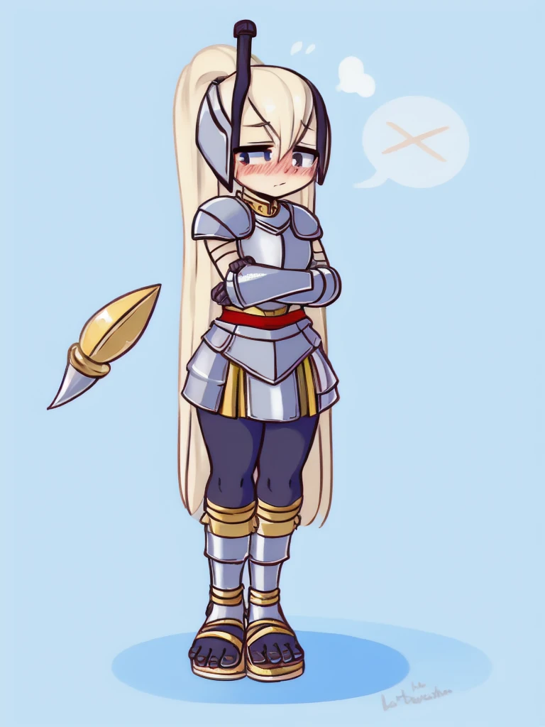 cute, shy, wearing full body plate armor, gladiator skirt, gladiator sandals, humanoid feet, holding a spear, nosebleed,bloody nose