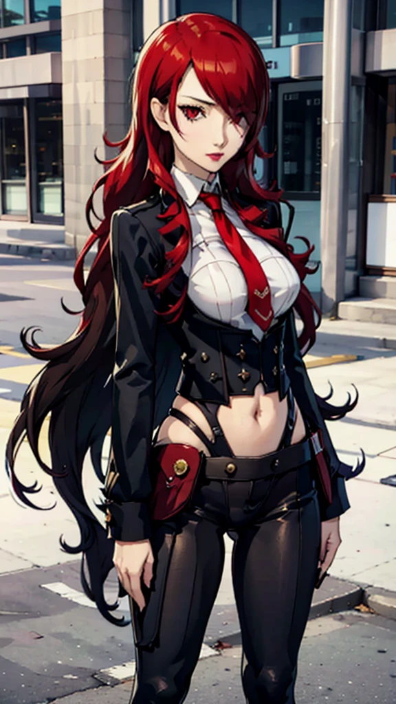 1 girl, Mitsuru kirijo, face portrait, black suit, tie, red eyes, long hair, hair over one eye , hair over one eye