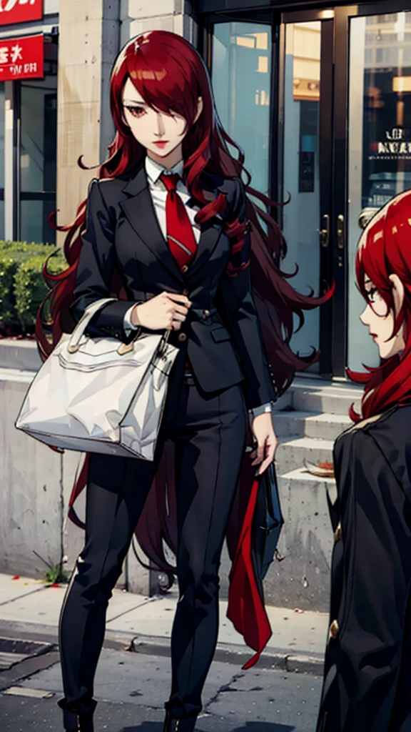 1 girl, Mitsuru kirijo, face portrait, black suit, tie, red eyes, long hair, hair over one eye , hair over one eye
