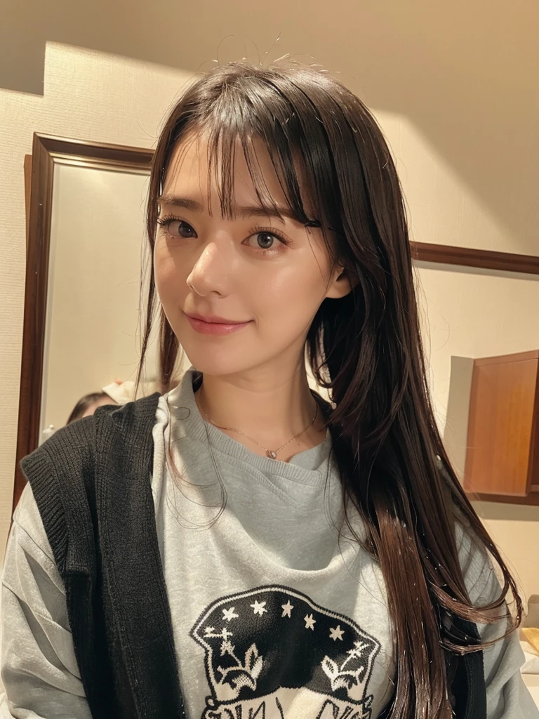 rie,One Woman,(best quality), (ultra detailed), (absolutely resolution),Face is front, 18-year-old, Through the mirror, Tunic and leggings, The color of the clothes is denim blue., The pattern on the clothes is camouflage, Black Hair, The rocky coast where the legend of Urashima remains