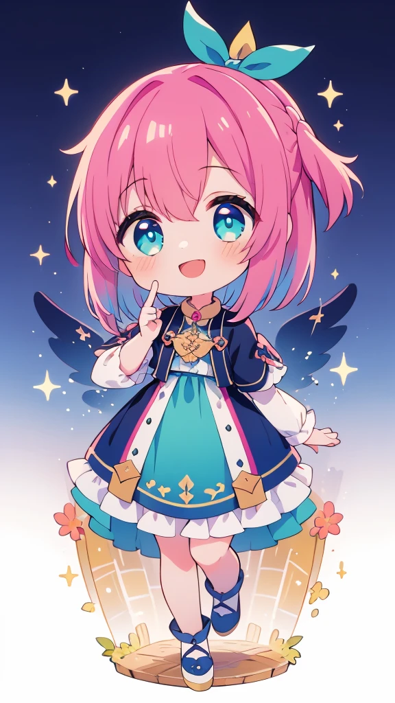 (Highest quality, masterpiece),(Highest quality), (Ultra-high resolution),girl , Bobcut,  chibi,Laughing、Card Reading、Holding a tarot card in one hand、Blue-green dress、Pink and teal gradient hair、Pink and blue gradient eyes、White ribbon in hair、People only、No background