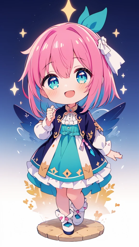 (Highest quality, masterpiece),(Highest quality), (Ultra-high resolution),girl , Bobcut,  chibi,Laughing、Card Reading、Holding a tarot card in one hand、Blue-green dress、Pink and teal gradient hair、Pink and blue gradient eyes、White ribbon in hair、People only、No background