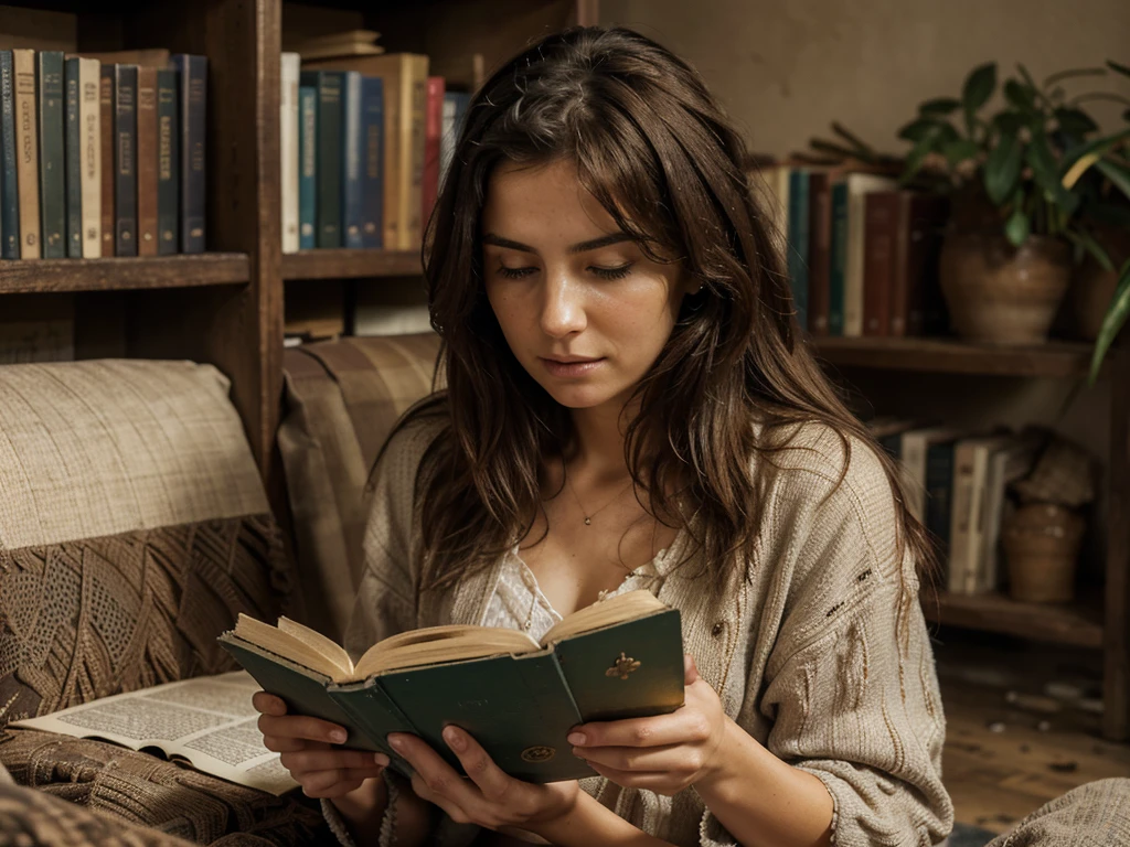 ((realism)), extremely high quality RAW photograph, Detailed background, complicated, messy hair, Beautiful details and textures, Highly detailed, A woman is sitting and reading an old book, and a man is walking away from her
