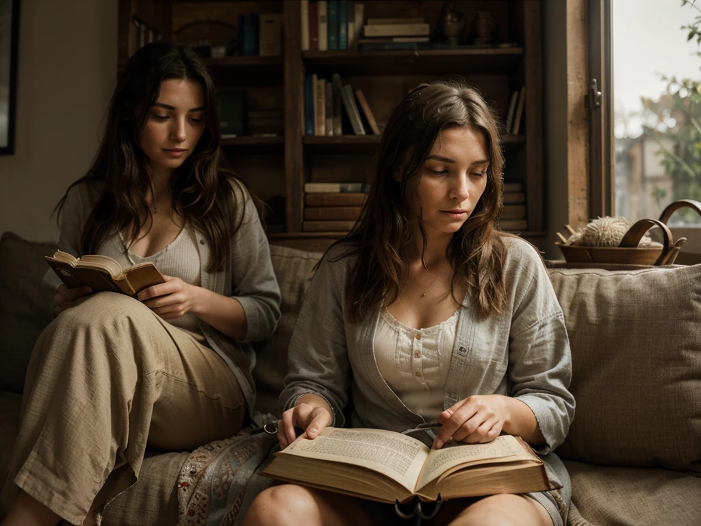 ((realism)), extremely high quality RAW photograph, Detailed background, complicated, messy hair, Beautiful details and textures, Highly detailed, A woman is sitting and reading an old book, and a man is walking away from her