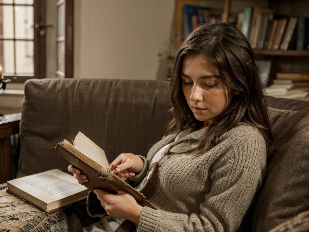((realism)), extremely high quality RAW photograph, Detailed background, complicated, messy hair, Beautiful details and textures, Highly detailed, A woman is sitting and reading an old book, and a man is walking away from her