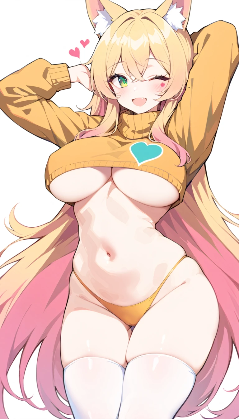 furry,a drawing of a cartoon character with hearts in her chest and butt, 1girl, breasts, one eye closed, long hair, animal ears, green eyes, thighhighs, blonde hair, solo, heart, navel, smile, open mouth, sweater, very long hair, pink hair, large breasts, underboob, white background, arm up