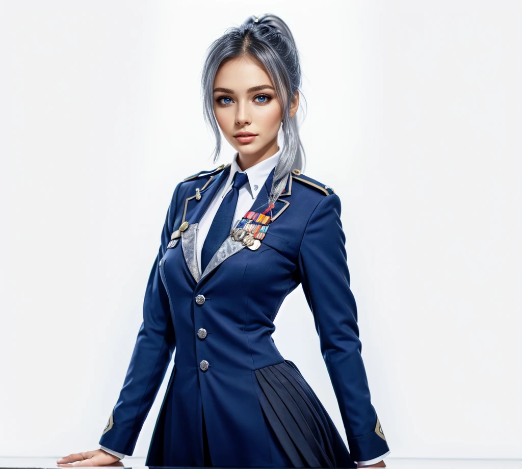 asian women,silver Hair, blue eyes silver Ponytail, blue Officer Military Unfirom, Black necktie, standing