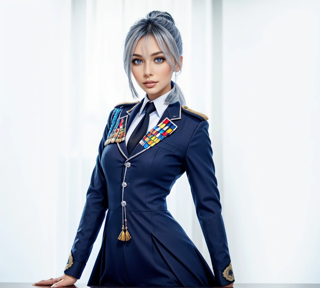 asian women,silver Hair, blue eyes silver Ponytail, blue Officer Military Unfirom, Black necktie, standing