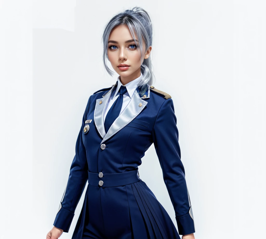 asian women,silver Hair, blue eyes silver Ponytail, blue Officer Military Unfirom, Black necktie, standing