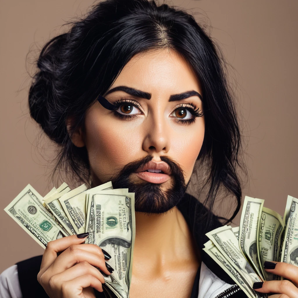bearded woman, black hair, brown eyes, eyeliner, counts her tired of dollar bills