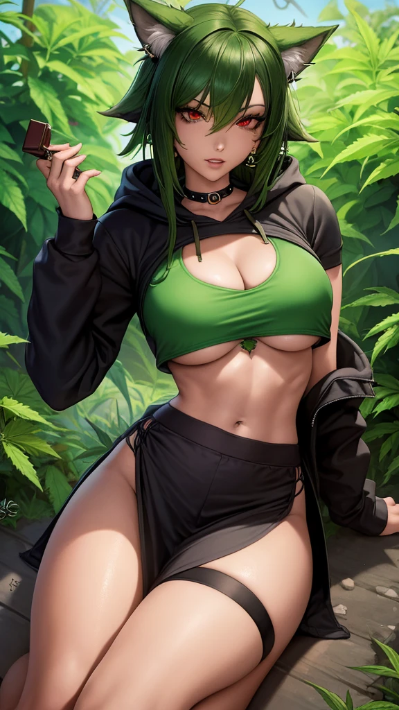   , Croped, , cleavage, slim waist, cropped hoodie underboob, cropped hoodieunderboobhoodie, 1girl, 2 wolf ears, wolf tail, marijuana crop hoodie, crop shorts, marijuana hoodie, spiky hair, spiky fur, green hair, red eyes,marijuana field, tight clothes, perfect eyes, perfect hands, clear resolution, full body, cleavage skin, marijuana plants, open hoodie, marijuana scenery, black thigh high socks, full body, earrings, 1girl, skirt,  cleavage, slim waist, cleavage, slim waist, hair pulled back, 