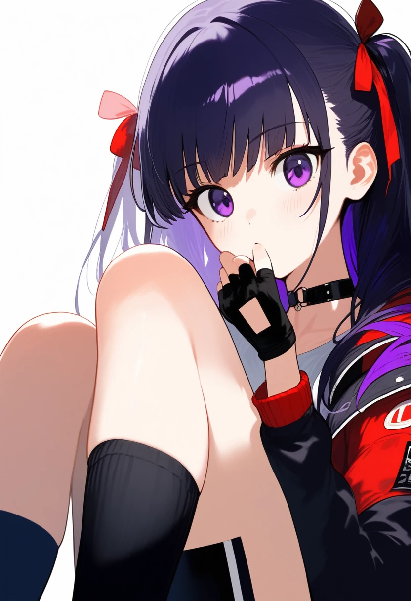 (score_9,score_8_superior,score_7_superior,),One girl,miki zf,Fingerless gloves,Knee socks,Black Hair,Purple eyes,Simple Background,White Background,Red Bow,shirt,Black Choker,View your viewers,Long Hair,Braiding,Jacket,Hair Ribbon,Purple Hair,Inner hair color,Portraiture,put your hand on your chin,
