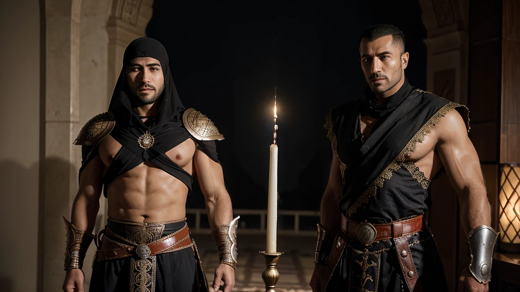 Seigneur arabe marocain muscular hokuto no ken Dracula moroccan warrior Armor Wear Muscle, intrépide, Effrayant bel homme menant une armée de djinns 10 djinns démoniaques autour de lui Atmosphère de bataille de guerre