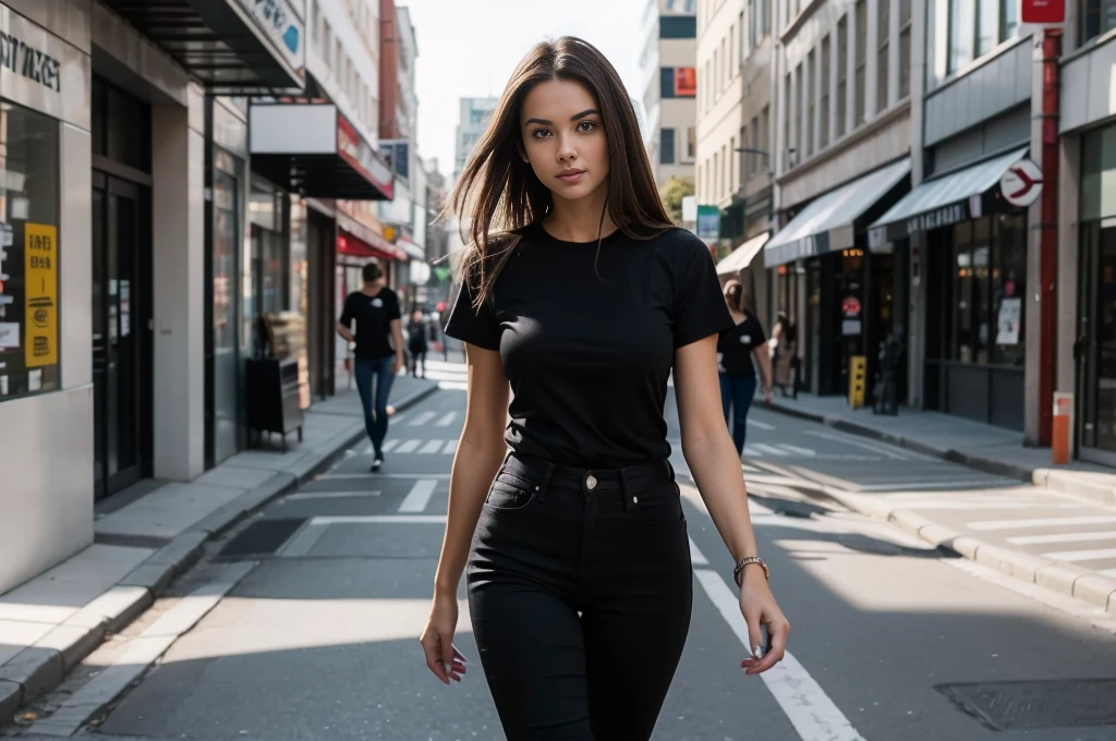full figure photograph of a serious fitted slim female model, 30 years old, long brown hair, brown eyes, wearing a black t-shirt and black jeans, she is walking in a city street, her face is turned left to reveal her best side