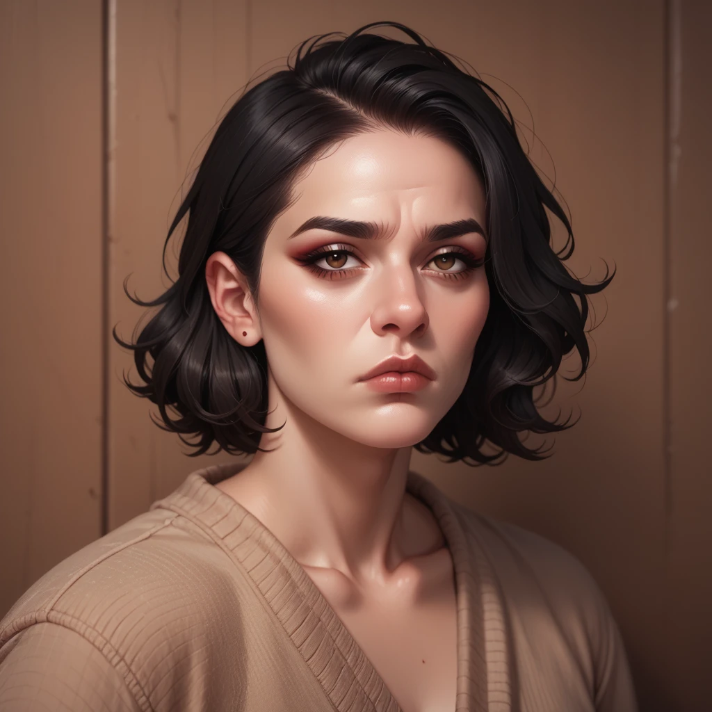 bearded woman, black hair, brown eyes, eyeliner, counts her tired of dollar bills