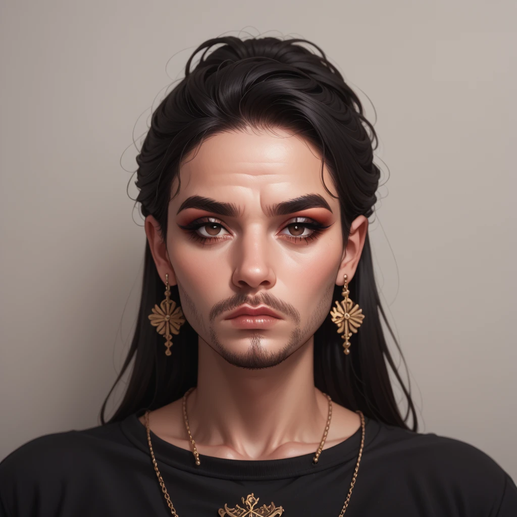 
bearded woman, black hair, brown eyes, eyeliner, counts her tired of dollar bills