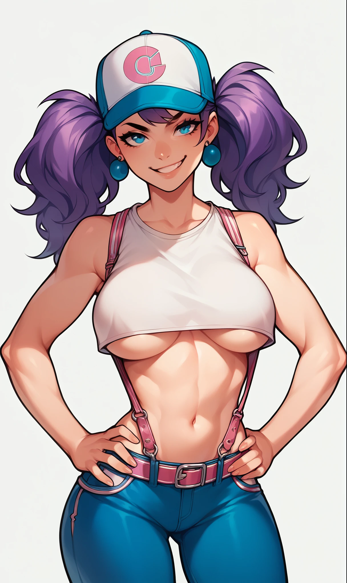 score_9, score_8_up, score_7_up, score_6_up, 1girl. big breasts, pale skin, facing viewer, blue eyes, purple hair, pigtail hairstyle, smirk, crop top, underboob, straps, blue pants, baseball cap, white background, earring, confident, hands on hips, exposed midriff
