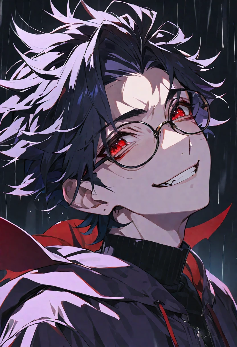 solo, handsome,
1 male,
Ponytail, Braided black hair, devil,
red eyes, Gojo Satoru,casual, King,cool,Sadness,Feelings of emptiness, smile ,Round Glasses,Put on the hood,rain, vampire,
black background,look up,Face close-up