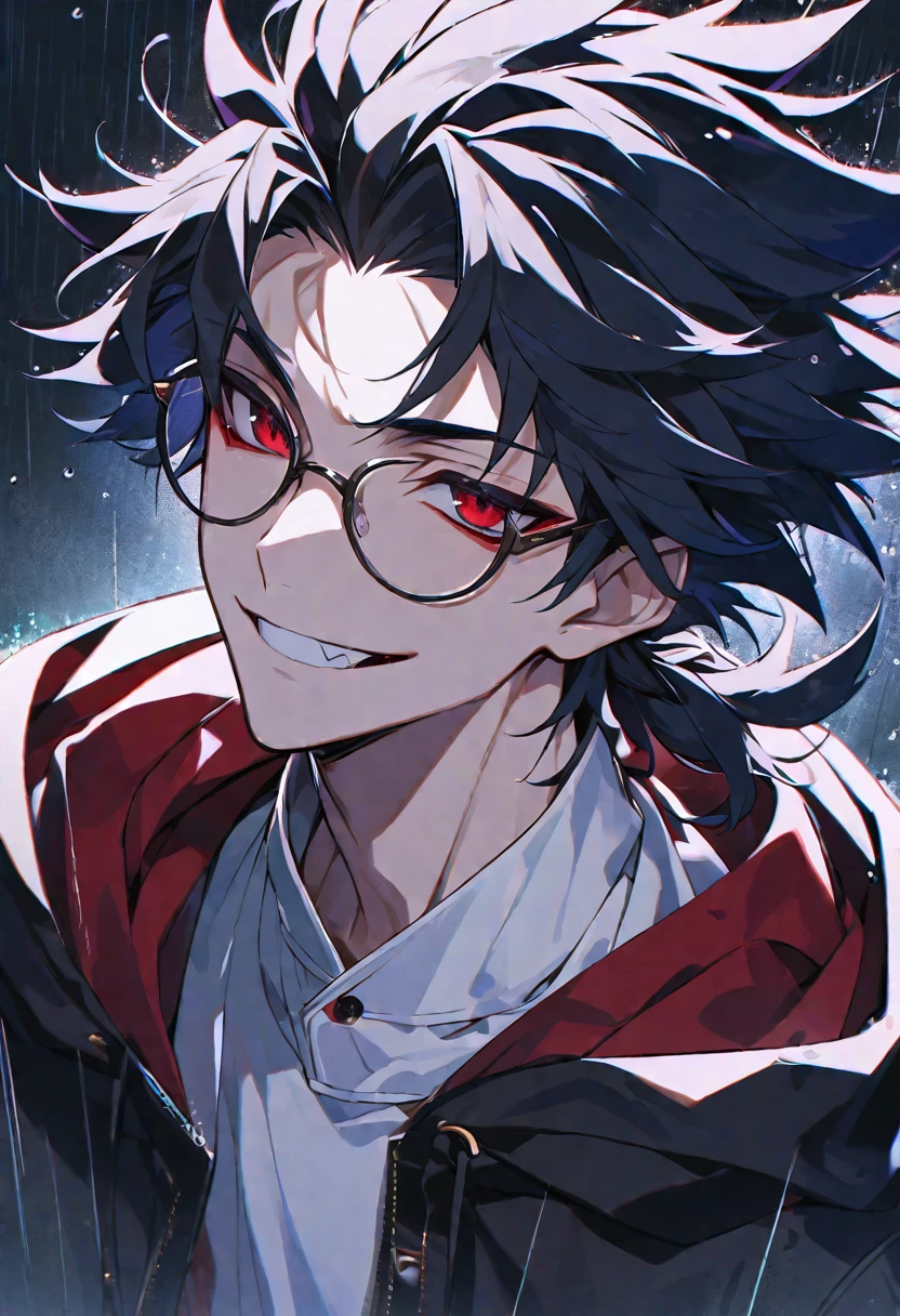 solo, handsome,
1 male,
Ponytail, Braided black hair, devil,
red eyes, Gojo Satoru,casual, King,cool,Sadness,Feelings of emptiness, smile ,Round Glasses,Put on the hood,rain, vampire,
black background,look up,Face close-up