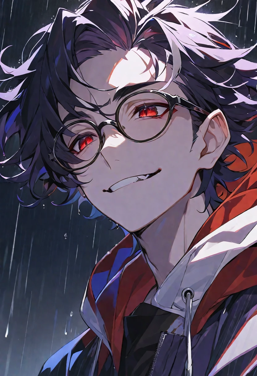 solo, handsome,
1 male,
Ponytail, Braided black hair, devil,
red eyes, Gojo Satoru,casual, King,cool,Sadness,Feelings of emptiness, smile ,Round Glasses,Put on the hood,rain, vampire,
black background,look up,Face close-up