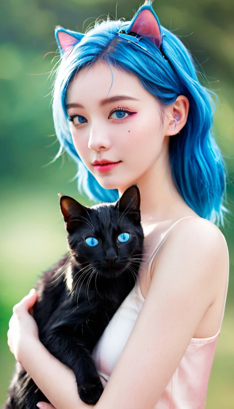 Girl with cat, Black Cat, Pink Hair,Blue Eyes, avatar