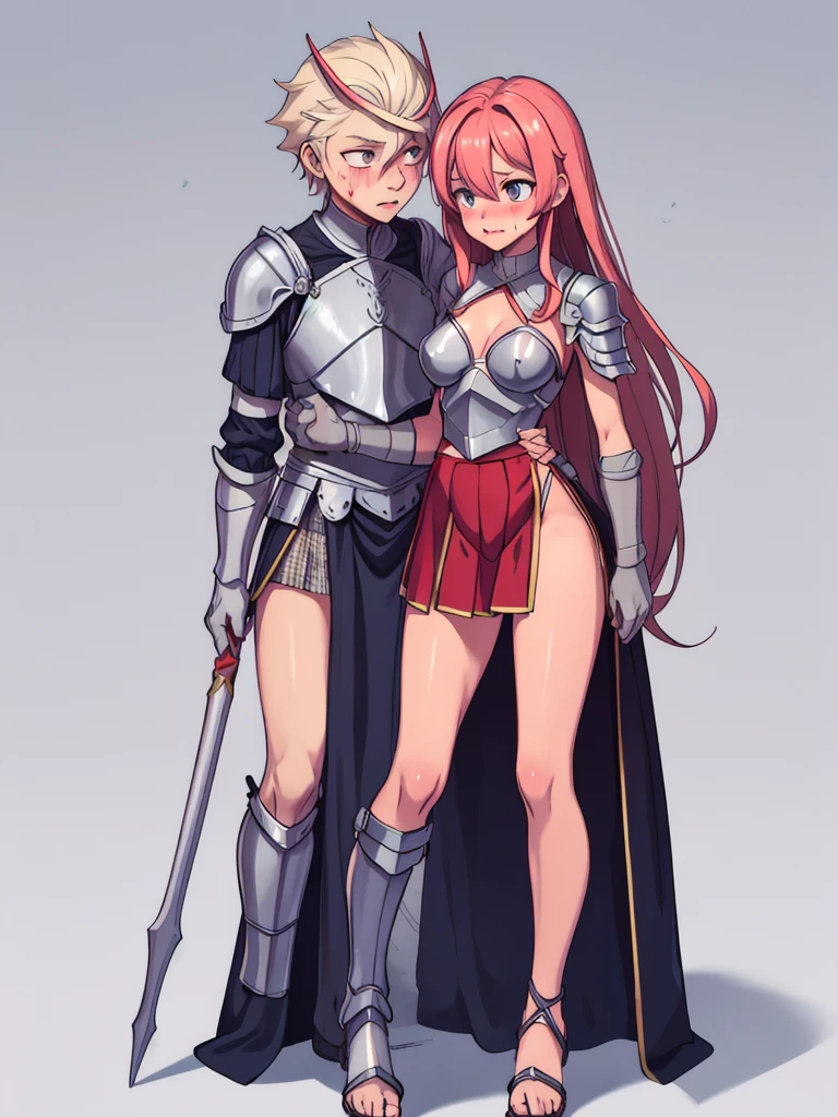 cute, shy, wearing full body plate armor, gladiator skirt, gladiator sandals, humanoid feet, holding a spear, nosebleed,bloody nose