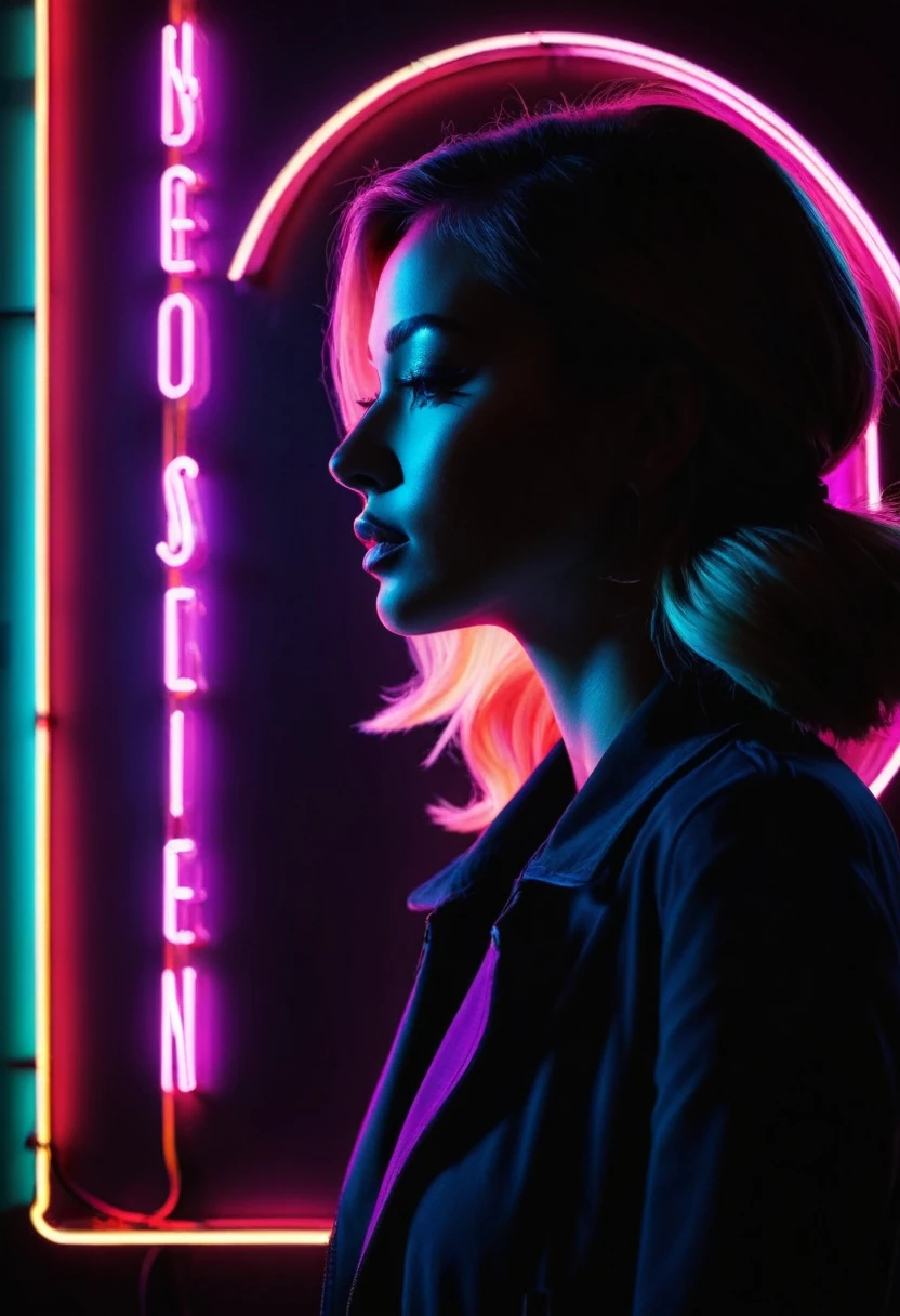 Side face silhouette，Shadow of beautiful woman under neon sign,Huge neon signboard，(Neon sign with text:1.5)
