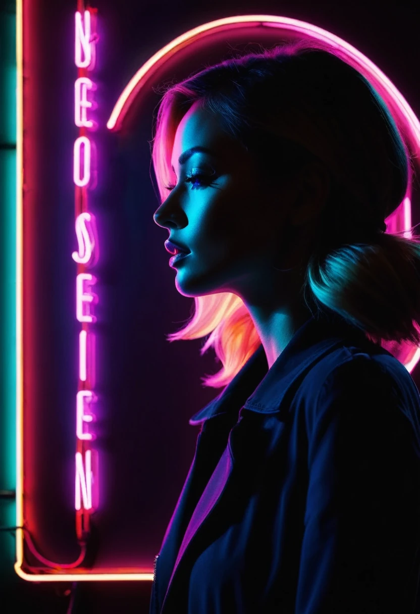 Side face silhouette，Shadow of beautiful woman under neon sign,Huge neon signboard，(Neon sign with text:1.5)
