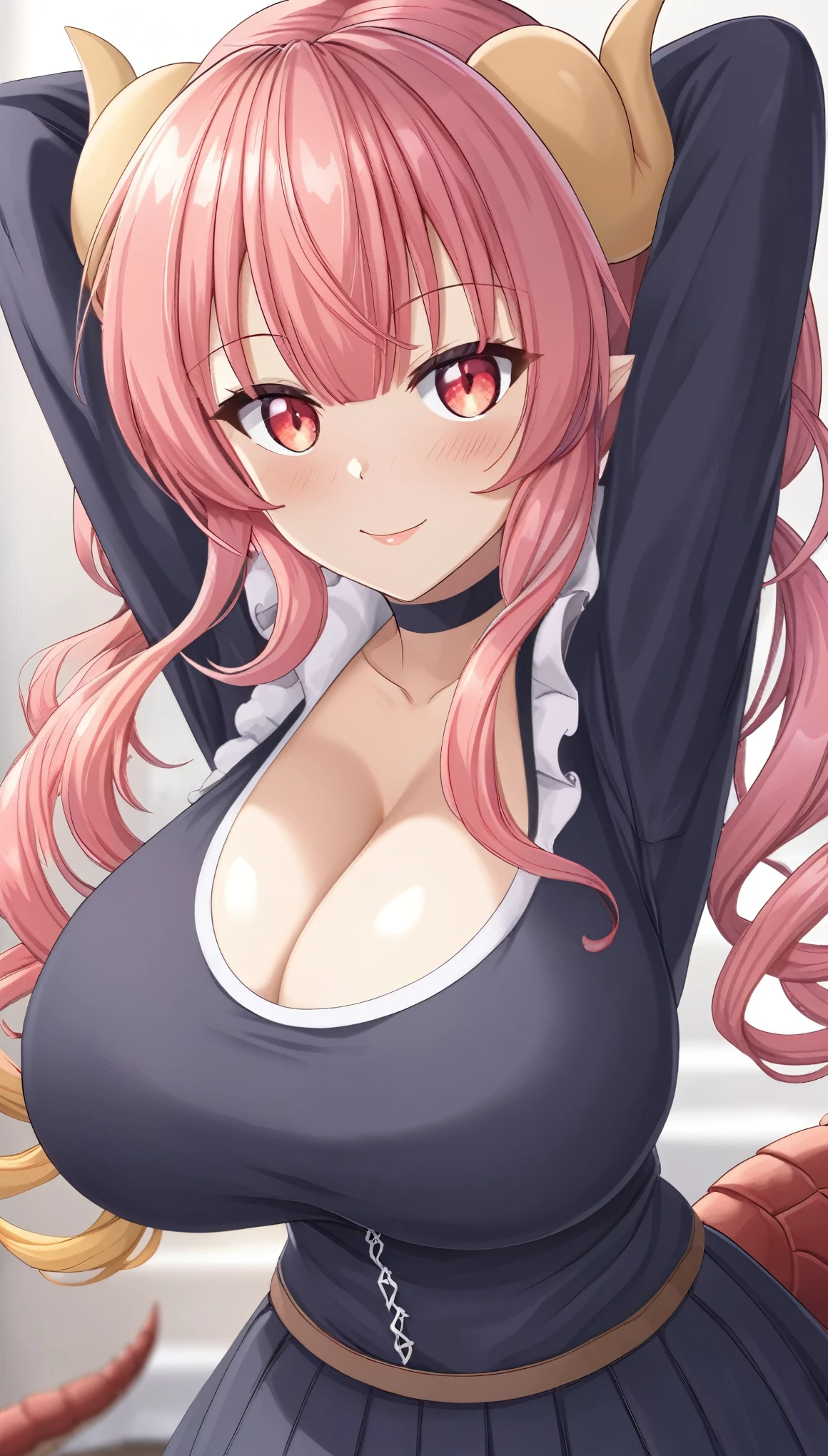 ((Dragon))、Dragon Maid、Big Breasts、Silver long hair、I'm serving you、Armpit Breasts、Background mansion