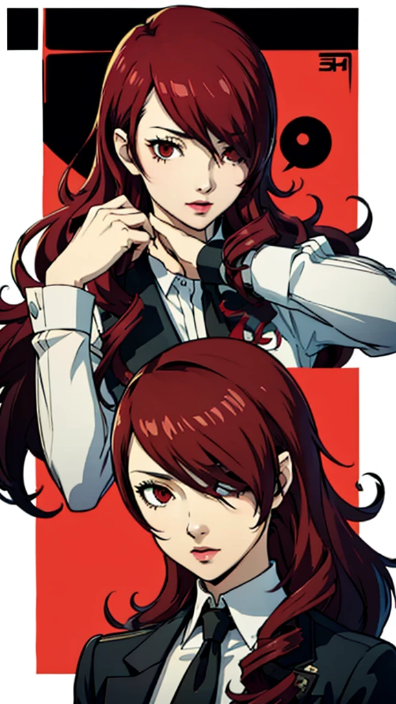 1 girl, Mitsuru kirijo, face portrait, black suit, tie, red eyes, long hair, hair over one eye , hair over one eye