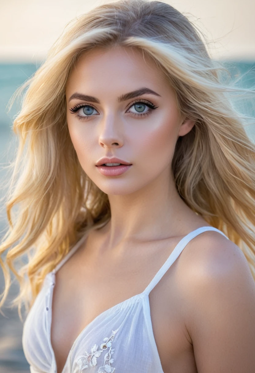 Belle femme hyperréaliste posant sur la plage, beautiful blond girl, blond goddess, a gorgeous blond, grâce alexa, blond hair and large eyes, beautiful blond woman, long blond hair and large eyes, beauté à couper le souffle, blond girl, une beauté à couper le souffle, visage extrêmement beau, a girl with blond hair, blond, visage parfait ), modèle instagram