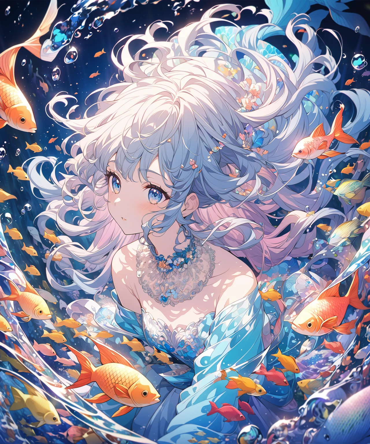 woman in mermaid costume surrounded by fish, Beautiful anime artwork, Beautiful anime art, Beautiful anime art style, clean detailed anime art, anime atmosphere, Beautiful anime, anime aesthetics, anime illustration, soft anime illustration, Beautiful anime portrait, anime image of a cute girl, dreamy psychedelic anime, Beautiful anime style, digital art on pixiv, wallpaper anime blue water