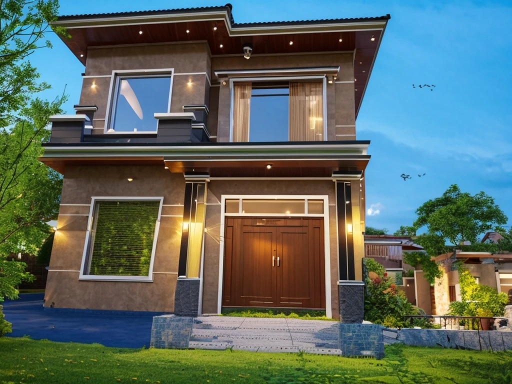 (Villa in city ,close houses and trees), slope_roof , tile_roof ,daylight ( best quality) ((high solution)) ,(( photo realistic)) ,warm light,  soft lighting, warm atmosphere,high Resolution, hyper detailed,4k ,vray render, octane render, hyper realistic, photography expert ,exterior design , professional photography, exterior photography,wide-angle shot , ultra detail , high Resolution , full frame, full body