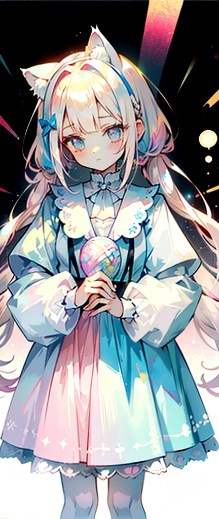 (Full body:1) of a young girl, spiky lashes, half pastel pink eye half pastel blue eye, half braided hair, light pastel blue hair with a tip of light pastel pink in the end, white fur puffy cat headband, many hairclip, light pastel blue gradient with light pastel pink collar, soft lighting, soft picture, light pastel blue tanktop, light pastel pink puffy jacket, with light pastel blue pacifier, holding white cat plushie with bow, wear bow, light pastel pink cat tattoo on collar Bone, wear ring, many detail, many many pastel cute accessories, HD, perfect body