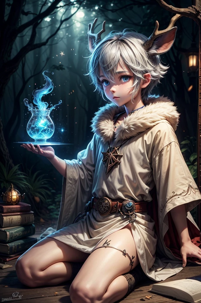 A small monster , deer like, blue glow, fantasy deer boy, magic potions, books. Forest, blue eyes, brown hair, white hair, small monster boy cute deer antlers on his head, fluffy hair, anime style, brown hair with white streaks mixed, cute, fireflies
