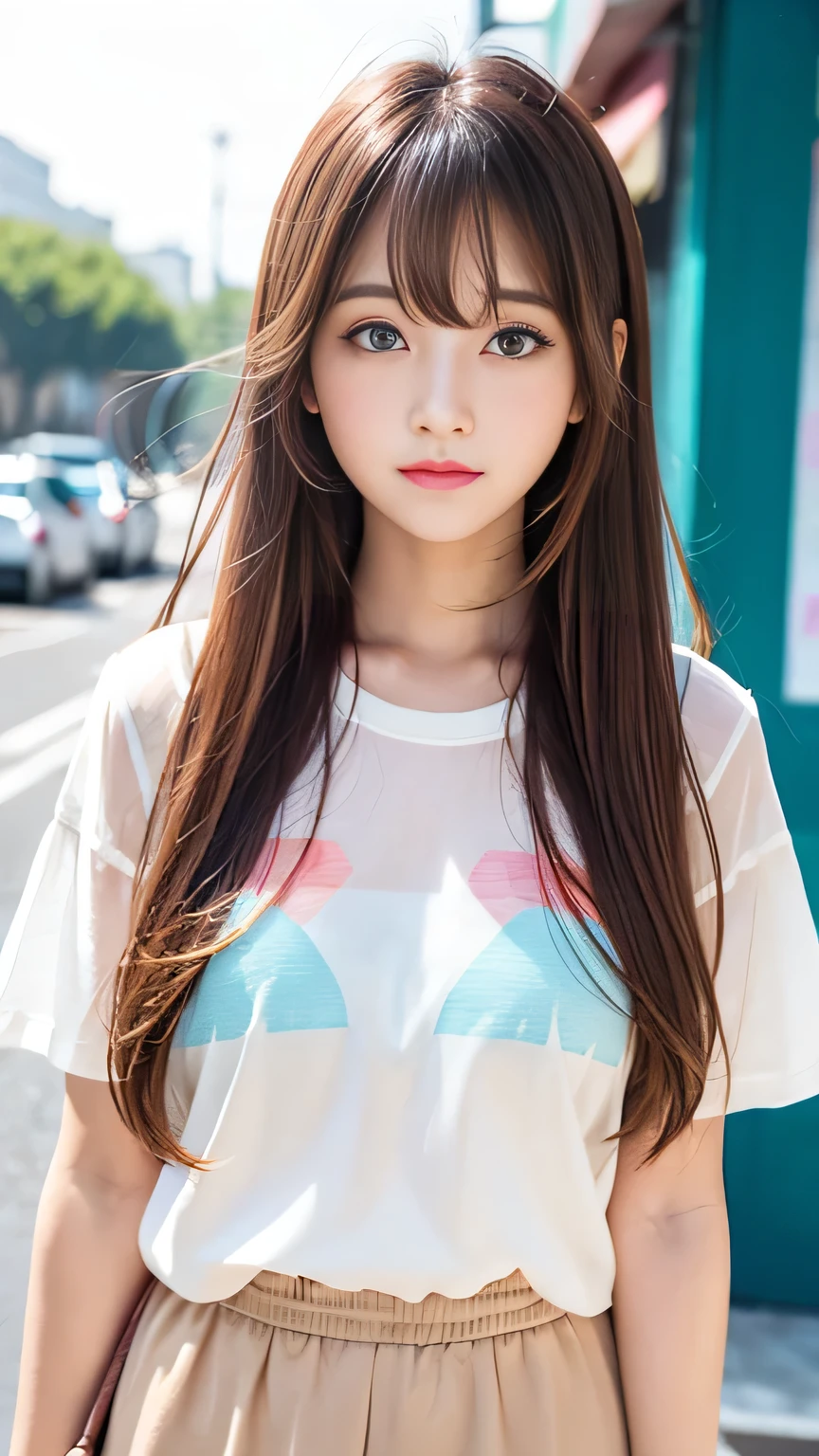 Sunburn marks on tanned skin、blush、Multicolored hair color、Bangs on the face、Bangs between the eyes、Super long hair、Beautiful bright transparent light blue big eyes that are charming and shining、A cute  with a cute look, A strong wind blows my hair in front of my face、Beautiful big sparkling eyes, Cute eyes hidden by long bangs、Yawn、No visible nasolabial folds、A short, light-colored miniskirt、A cute and colorful summer shirt、Korean Beauty、Dark blush on the cheeks