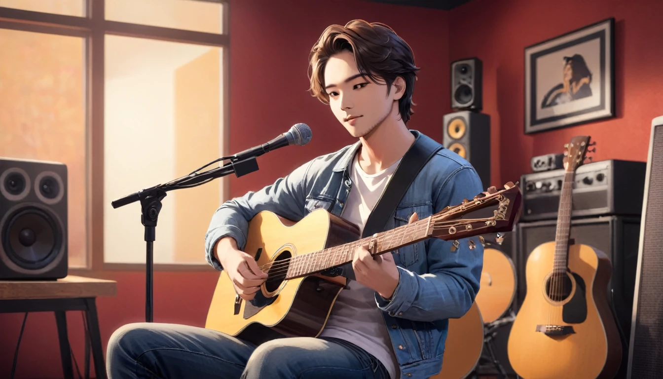 Capture a handsome young man playing an acoustic guitar in a cozy, well-equipped music studio. He is casually dressed in a fitted t-shirt and jeans, sitting comfortably on a stool or chair. The studio has a warm, inviting ambiance with soundproof walls, musical instruments, and recording equipment visible in the background. Behind him, prominently displayed, is a stylish sign or logo that reads 'JM Music,' adding a professional and branded touch to the scene. The focus should be on his relaxed yet passionate expression as he strums the guitar, creating an atmosphere of genuine musical artistry