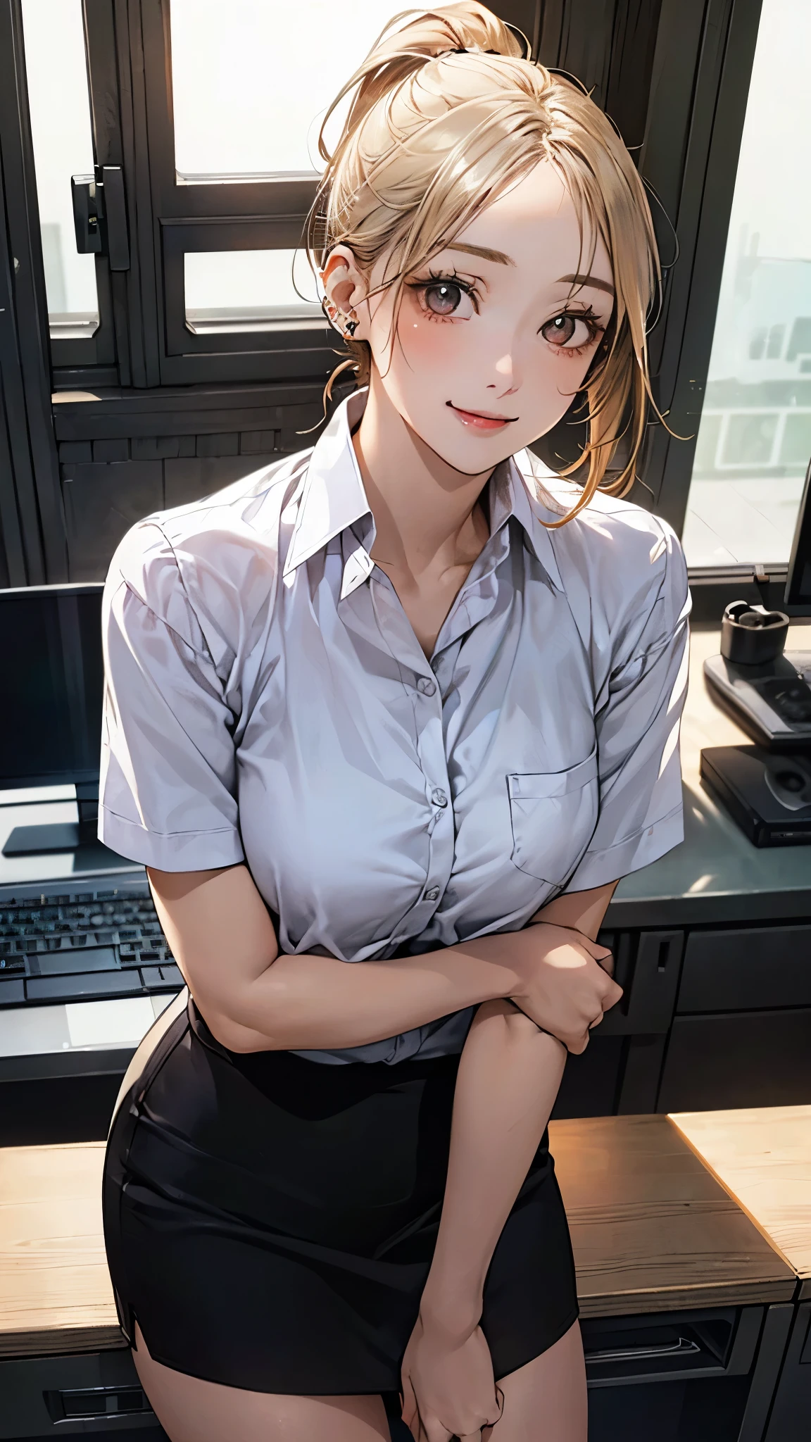 (masterpiece:1.2, top-quality), (realistic, photorealistic:1.4), beautiful illustration, (natural side lighting, movie lighting),
looking at viewer, (breast focus), (from above:1.1), close up, 1 woman, japanese, 20 years old, high school teacher, perfect face, cute and symmetrical face, shiny skin, babyface,
(short hair, ponytail, sidelocks, ash blonde hair), parted bangs:0.2, gold eyes, drooping eyes, big eyes, (middle breasts, seductive thighs, big ass), piercings,
beautiful hair, beautiful face, beautiful detailed eyes, beautiful clavicle, beautiful body, beautiful chest, beautiful thigh, beautiful legs, beautiful fingers,
(black tight skirt, short sleeve white collared shirt),
(beautiful scenery), summer, evening, (computer office:1.2), standing, leaning forward, (lovely smile, upper eyes),