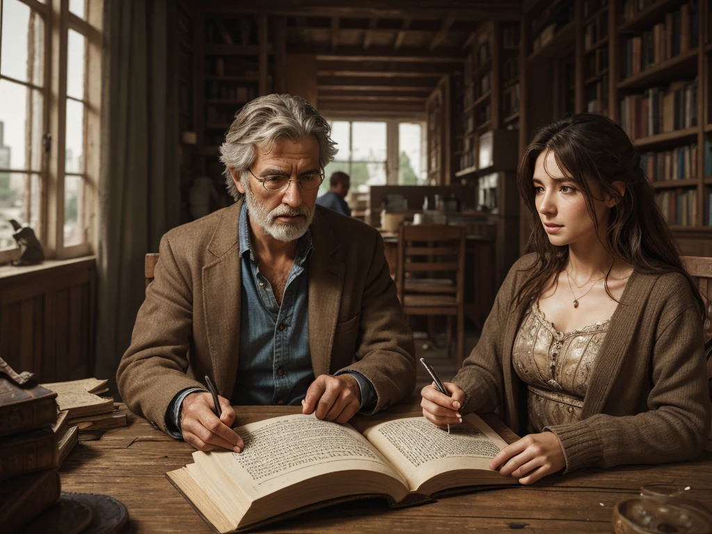 ((realism)), extremely high quality RAW photograph, Detailed background, complicated, messy hair, Beautiful details and textures, Highly detailed, A woman is sitting and reading an old book, and (a man is walking away from her)