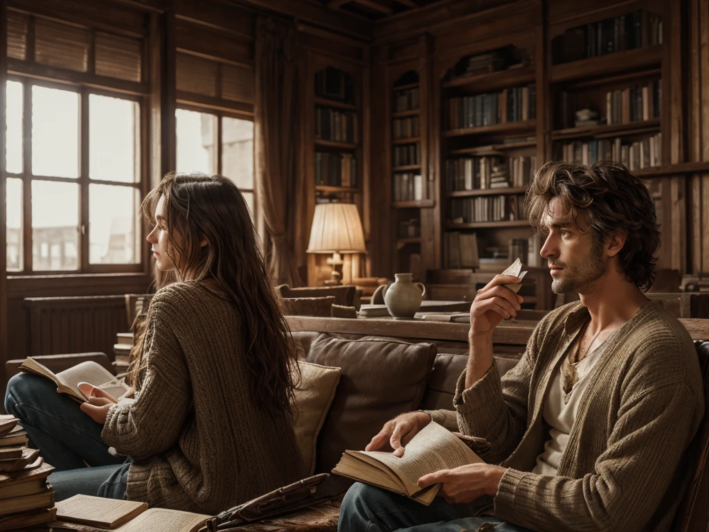 ((realism)), extremely high quality RAW photograph, Detailed background, complicated, messy hair, Beautiful details and textures, Highly detailed, A woman is sitting and reading an old book, and (a man is walking away from her)