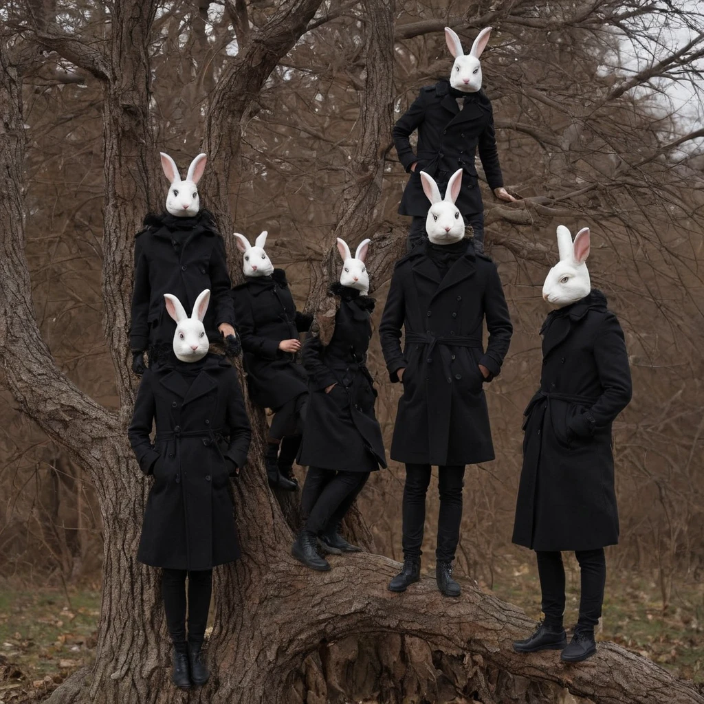 mask,  rabbits in black coats standing on a tree