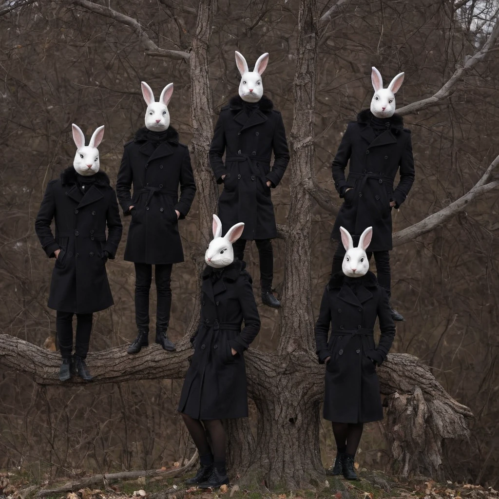 mask,  rabbits in black coats standing on a tree