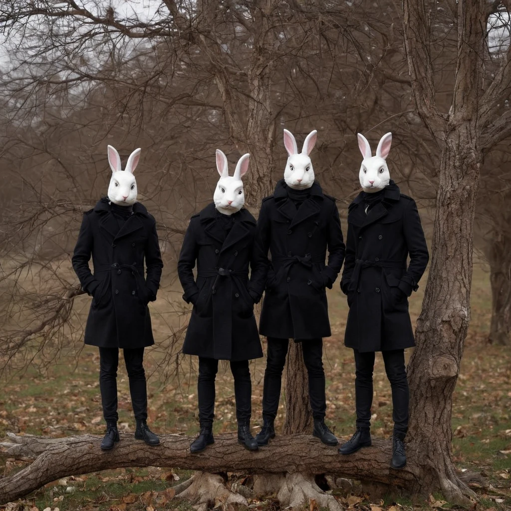 mask,  rabbits in black coats standing on a tree