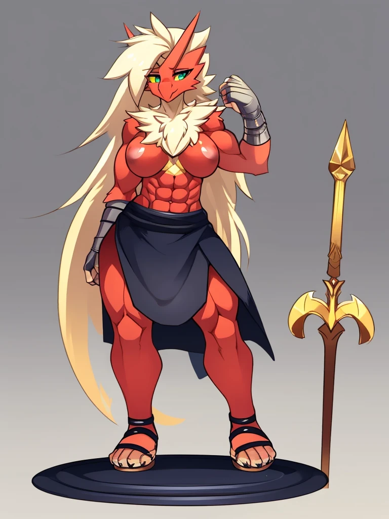 [blaziken], (mayosplash), (wamudraws)], ((masterpiece)), ((HD)), ((solo portrait)), ((front view)), ((furry; anthro)), ((detailed shading)), ((beautiful render art)), ((intricate details)), {anthro; red feathers, red beak, (yellow talon feet), (long white hair), cute teal eyes, (yellow sclera), (half-closed eyes), (medium boobs), (defined muscles), (beautiful feet), cute, shy, wearing full body plate armor, gladiator skirt, gladiator sandals, humanoid feet, holding a spear, nosebleed,bloody nose