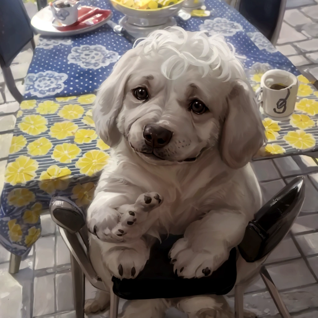 há um cachorro branco sitting down em uma cadeira à mesa, Cute dog, Bela, sitting down na mesa, a gorgeous, sitting down em uma mesa, very talented, bulli, profile pic, sitting down, Pepper's, fluffly, little white dog by your side, nugget, they, by Luis Miranda, juanmao, four legged, guaranteed